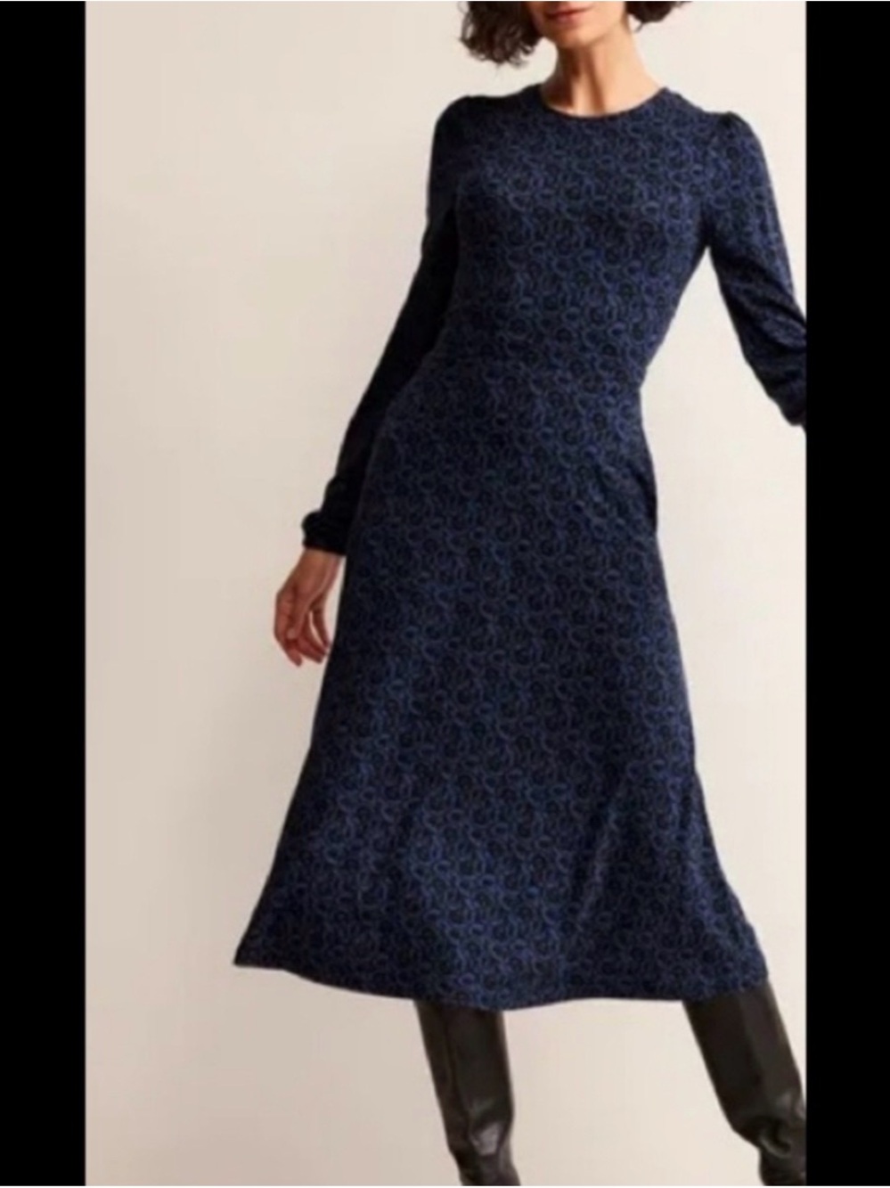 Women's Boden Camille Navy Patterned Long Sleeve Midi Dress (8L)
